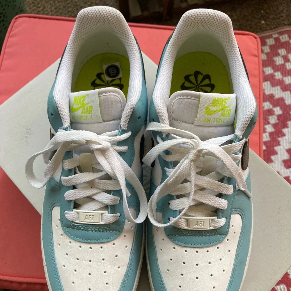 Nike White and Teal Air Force 1 Sneakers with Black Accents - Picture 2 of 8